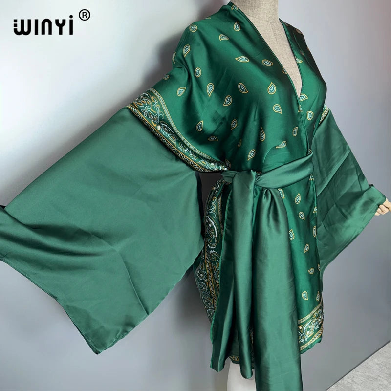 Fashion Kimono Beach Cover Up - Swim Suit Self Belt Holiday Coat