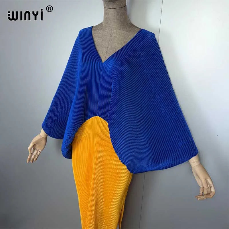 Women Elastic Long Dress - Loose Boho Robe Pleated Kaftan