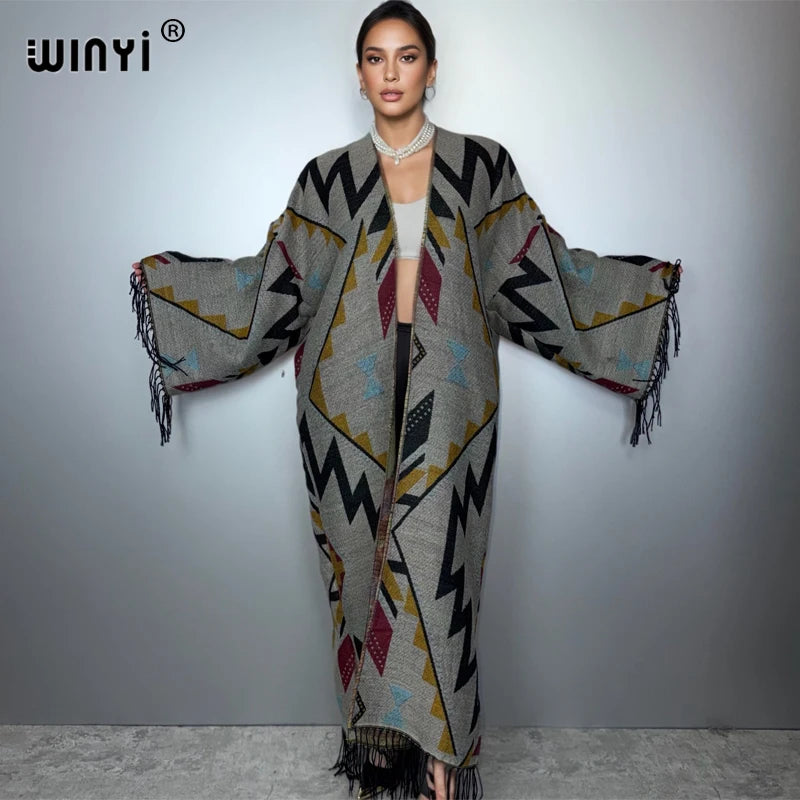 Autumn Tassel Kimono Print Long Coat - Warm Cardigan