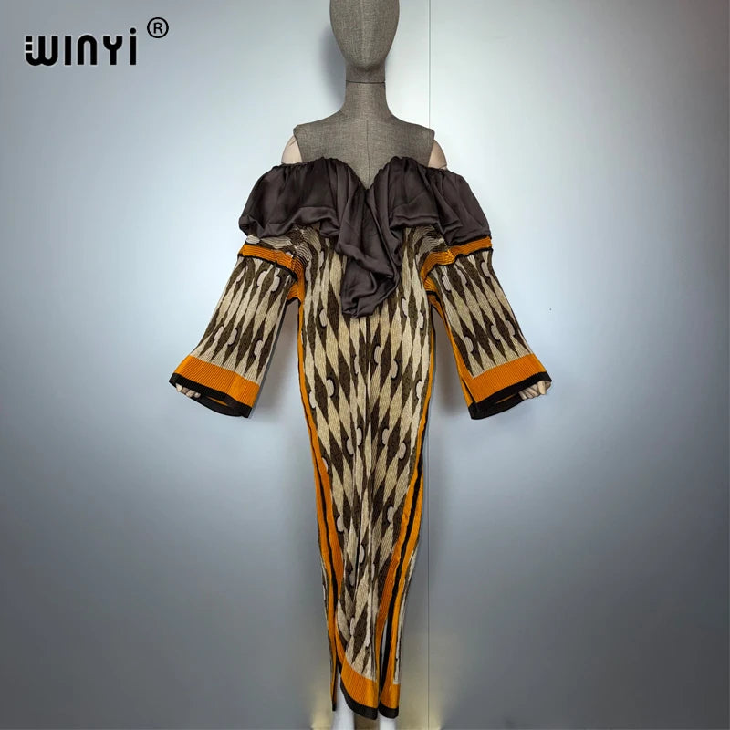 Pleated Elastic Slim Fashion Kaftan - Deep V Party Dress Abaya