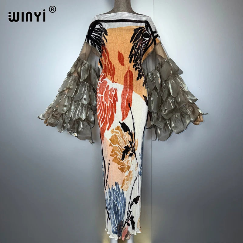 Elastic Slim Pleated Dress - Beach Cover Up Boho Kaftan Abaya