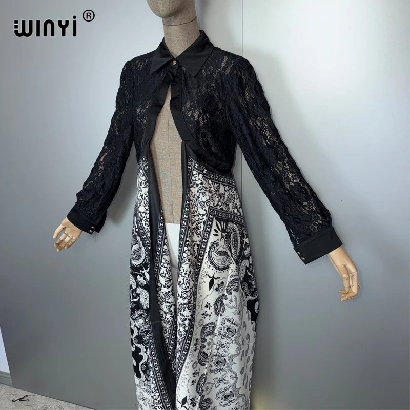 Long Coat Africa Lace Neckline - Street Wear Print Kaftan Abaya