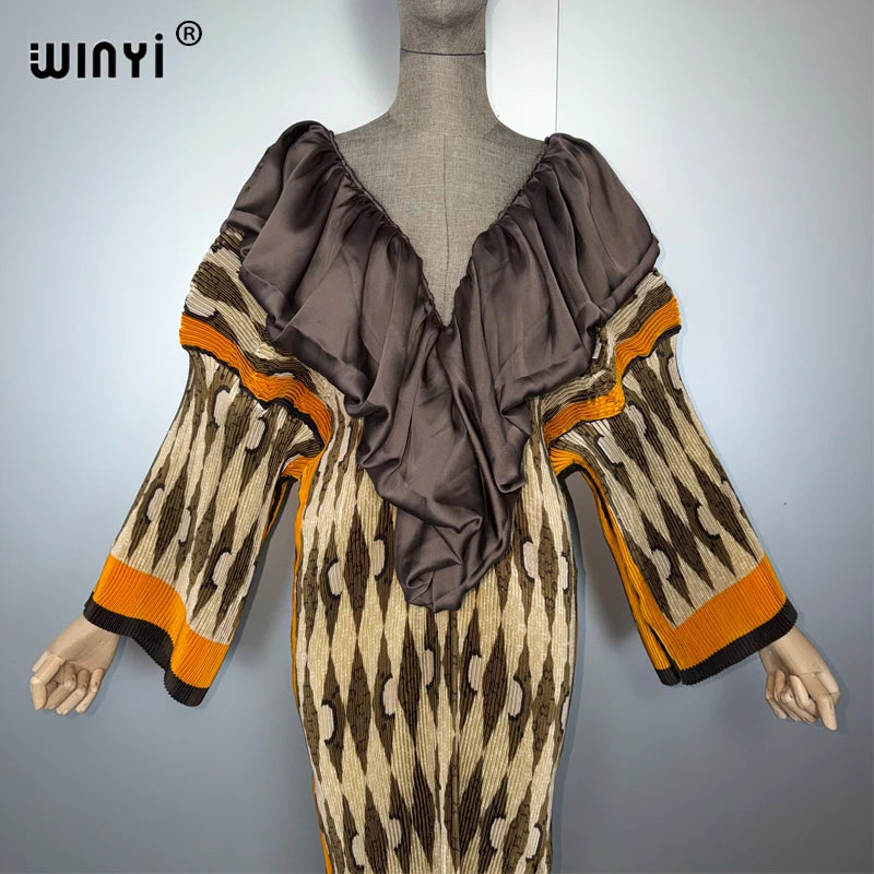 Pleated Elastic Slim Fashion Kaftan - Deep V Party Dress Abaya