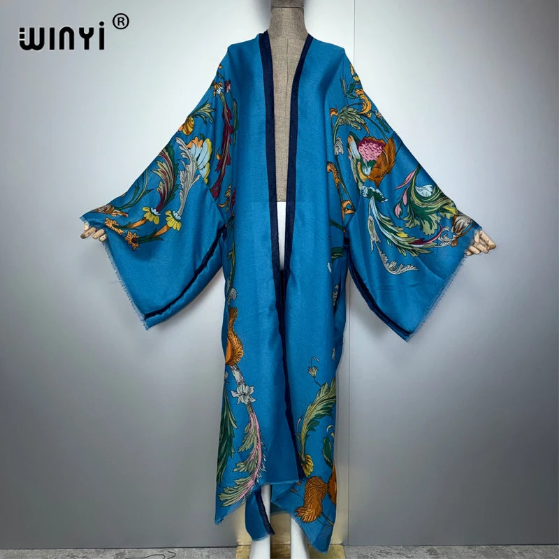 WINYI Africa boho kimono maxi dress beach cover up Cardigan maxi coat print kaftan beach outfits women muslim abaya dubai luxury