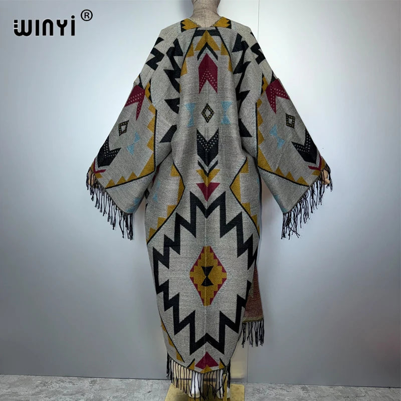 Autumn Tassel Kimono Print Long Coat - Warm Cardigan