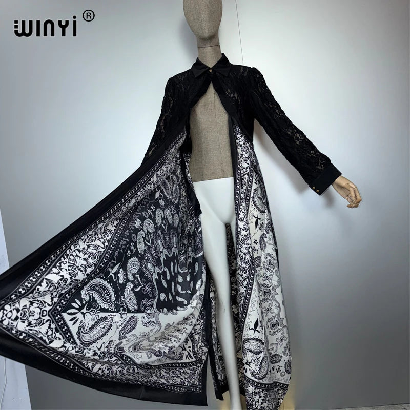 Long Coat Africa Lace Neckline - Street Wear Print Kaftan Abaya