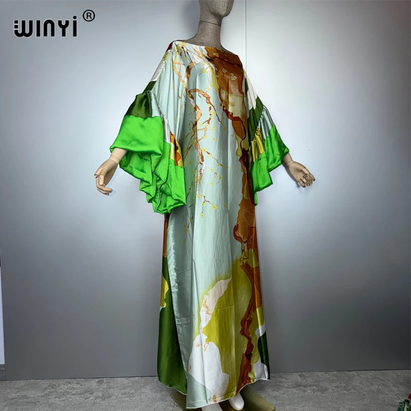 Boho Puff Sleeves Evening Dress - Beach Print Kaftan Abaya