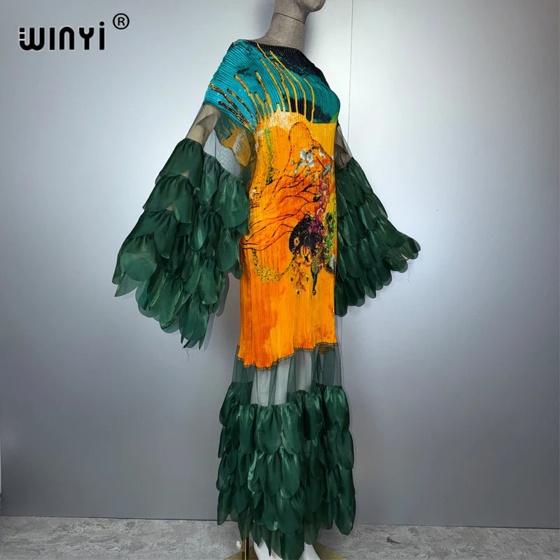 Pleated Elastic Slim Dress - Beach Cover Up Kaftan Abaya