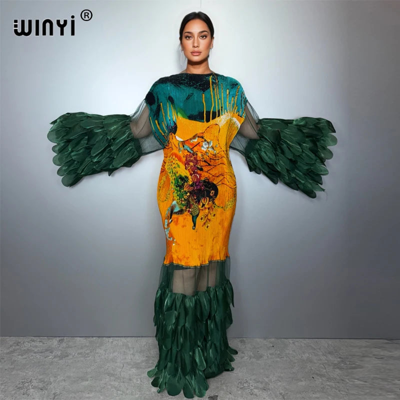 Pleated Elastic Slim Dress - Beach Cover Up Kaftan Abaya