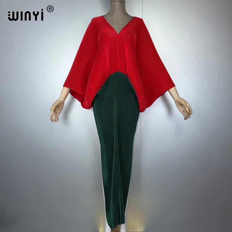 Women Elastic Long Dress - Loose Boho Robe Pleated Kaftan