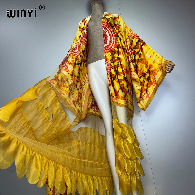 Printed Holiday Kimono - Long Sleeve Boho Abaya Cover Up
