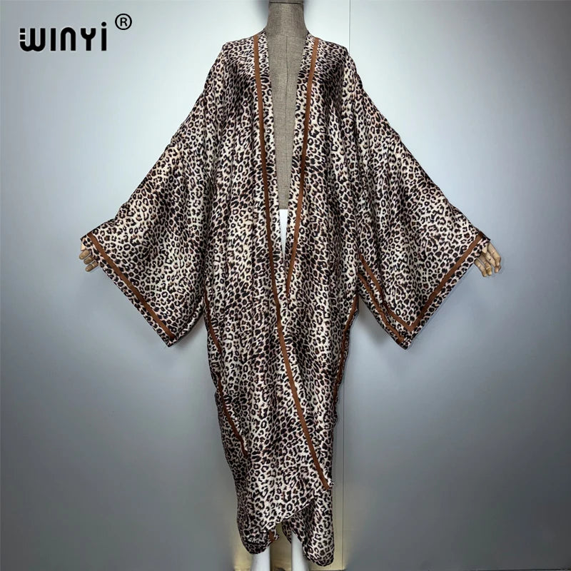WINYI Kimono African Women abaya muslim woman Cardigan Female leopard print Loose party kaftan Casual beach Cover Up boho dress