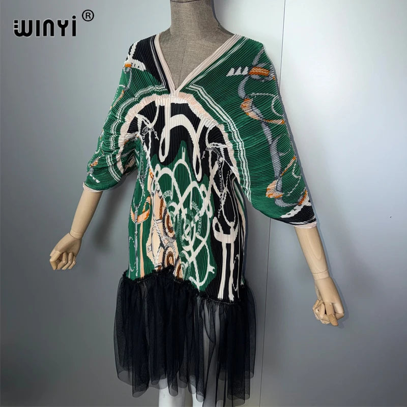 Pleated Slim Dress - Beach Cover Up Holiday Boho Kaftan