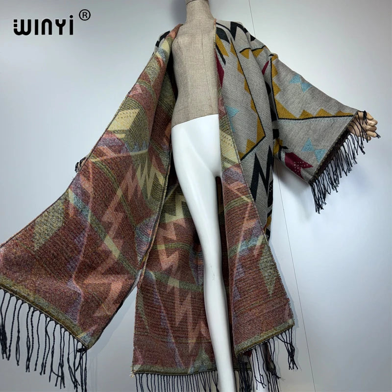 Autumn Tassel Kimono Print Long Coat - Warm Cardigan