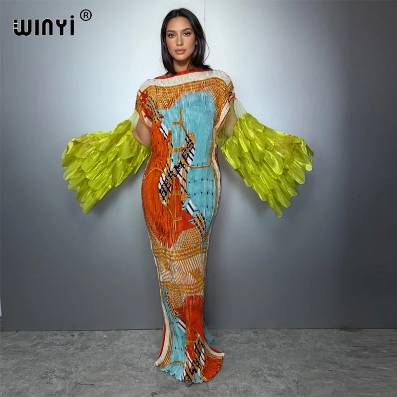 Elastic Slim Pleated Dress - Boho Beach Kaftan Abaya