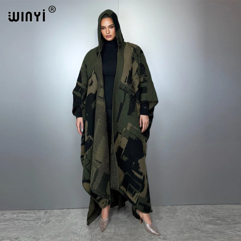 Print Coat Tassels Hooded - Warm Poncho Kaftan Abaya