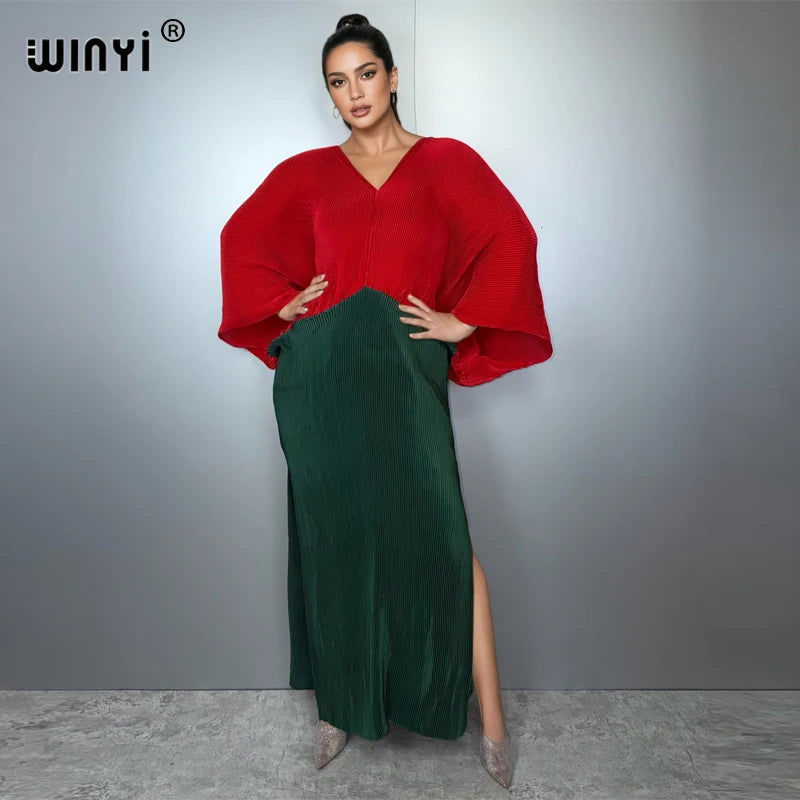 Women Elastic Long Dress - Loose Boho Robe Pleated Kaftan