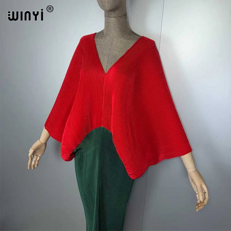 Women Elastic Long Dress - Loose Boho Robe Pleated Kaftan