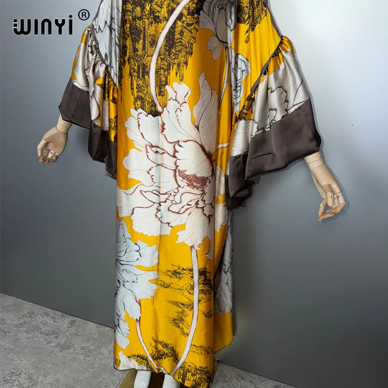 Puff Sleeves Evening Dress - Loose Print Kaftan Party Abaya