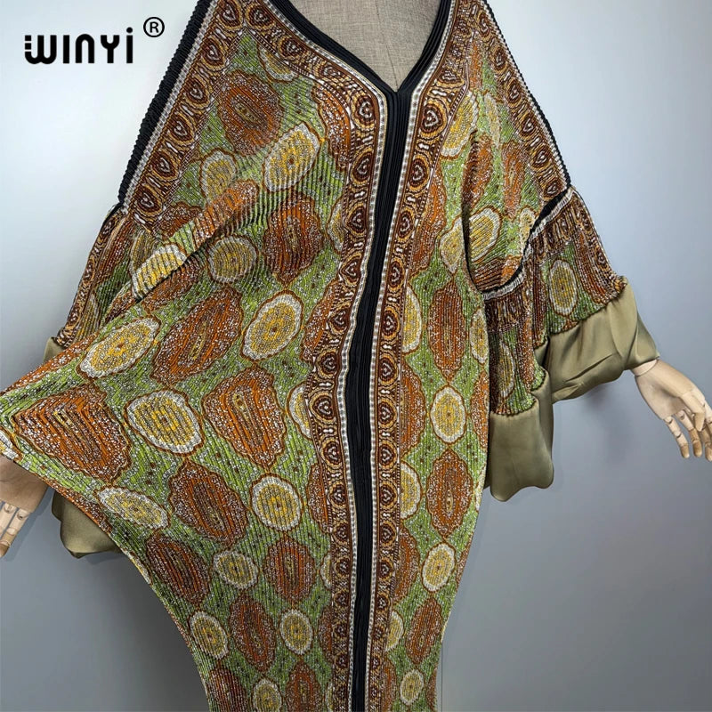 Pleated Elastic Boho Dress - Casual Beach Kaftan Abaya