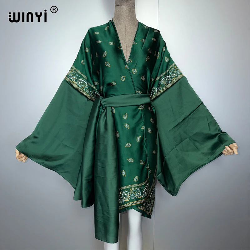 Fashion Kimono Beach Cover Up - Swim Suit Self Belt Holiday Coat