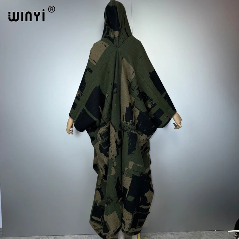 Print Coat Tassels Hooded - Warm Poncho Kaftan Abaya