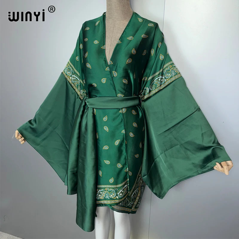 Fashion Kimono Beach Cover Up - Swim Suit Self Belt Holiday Coat
