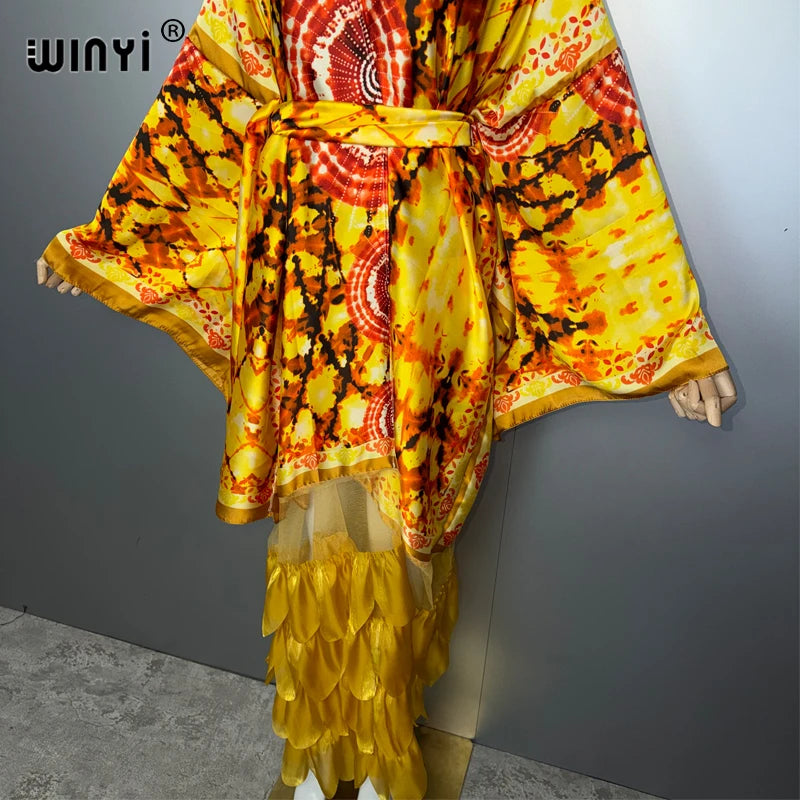 Printed Holiday Kimono - Long Sleeve Boho Abaya Cover Up