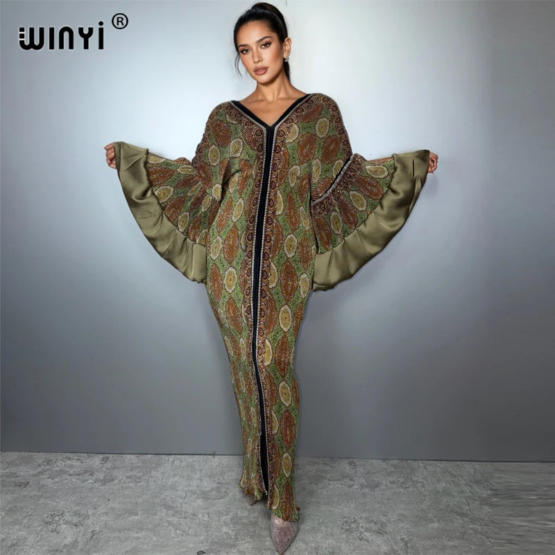 Pleated Elastic Boho Dress - Casual Beach Kaftan Abaya