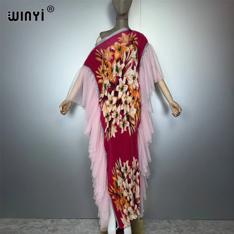 Pleated Elastic Slim Dress - Beach Cover Up Holiday Kaftan Abaya