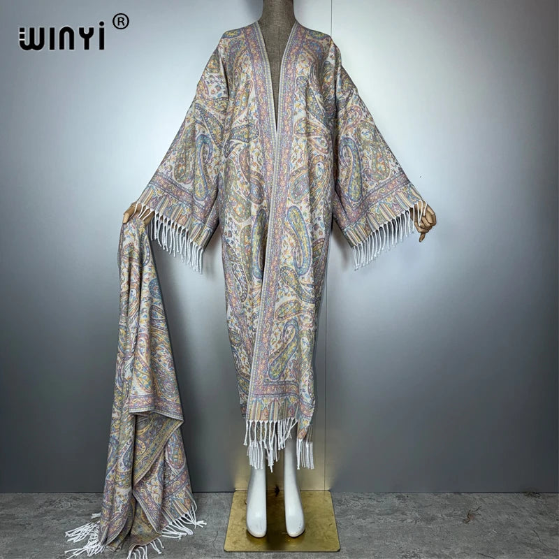 WINYI Autumn Women tassel kimono with scarf Long Coat elegant cardigan femme Thick Warm winter fashion kaftan abaya dubai luxury