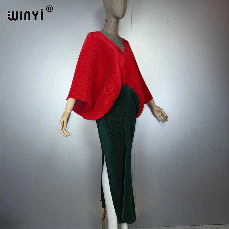 Women Elastic Long Dress - Loose Boho Robe Pleated Kaftan