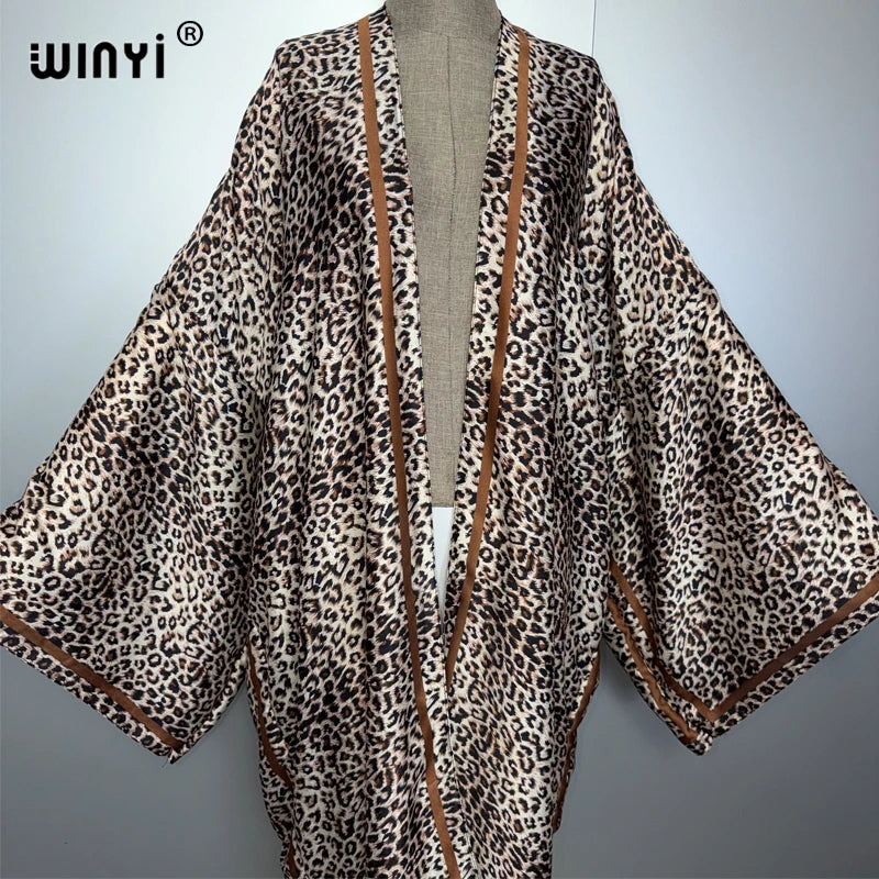 WINYI Kimono African Women abaya muslim woman Cardigan Female leopard print Loose party kaftan Casual beach Cover Up boho dress