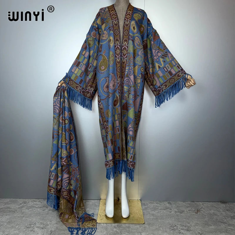 Autumn Tassel Kimono with Scarf - Warm Long Coat