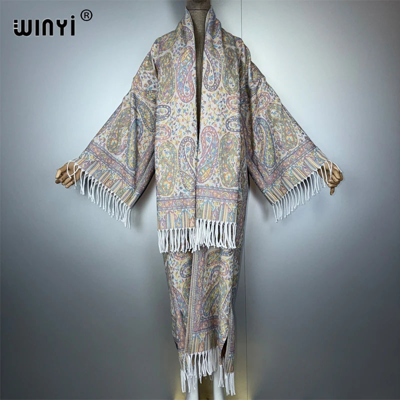WINYI Autumn Women tassel kimono with scarf Long Coat elegant cardigan femme Thick Warm winter fashion kaftan abaya dubai luxury