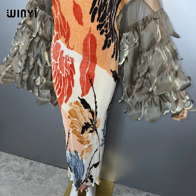 Elastic Slim Pleated Dress - Beach Cover Up Boho Kaftan Abaya
