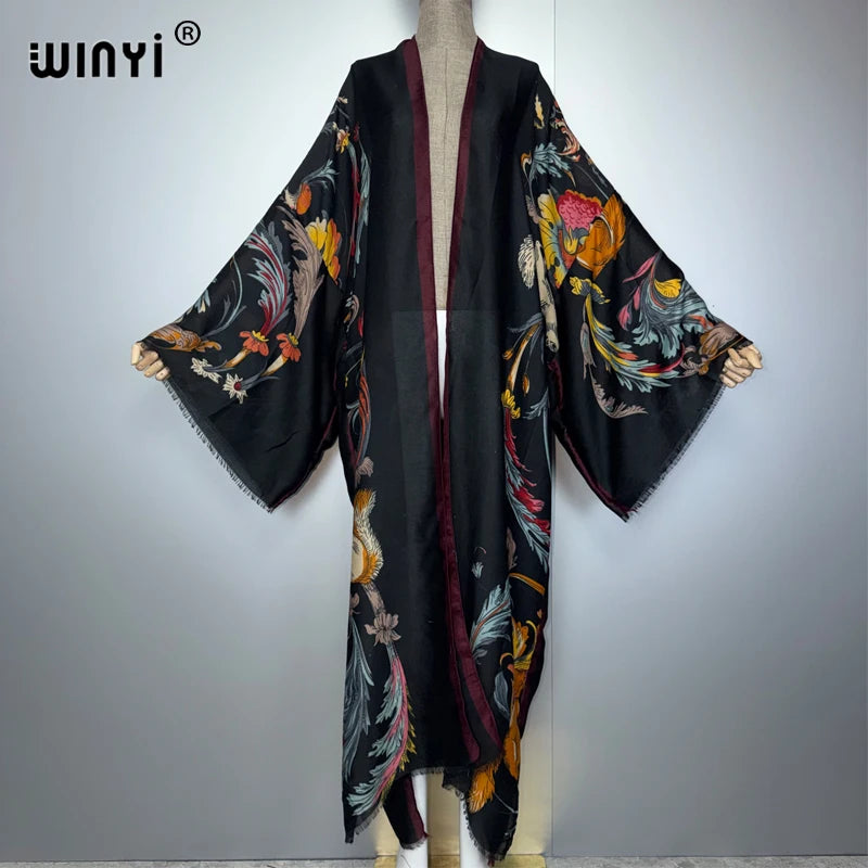 WINYI Africa boho kimono maxi dress beach cover up Cardigan maxi coat print kaftan beach outfits women muslim abaya dubai luxury