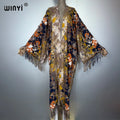 Print Tassel Winter Long Cardigan - African Kimono Overcoat