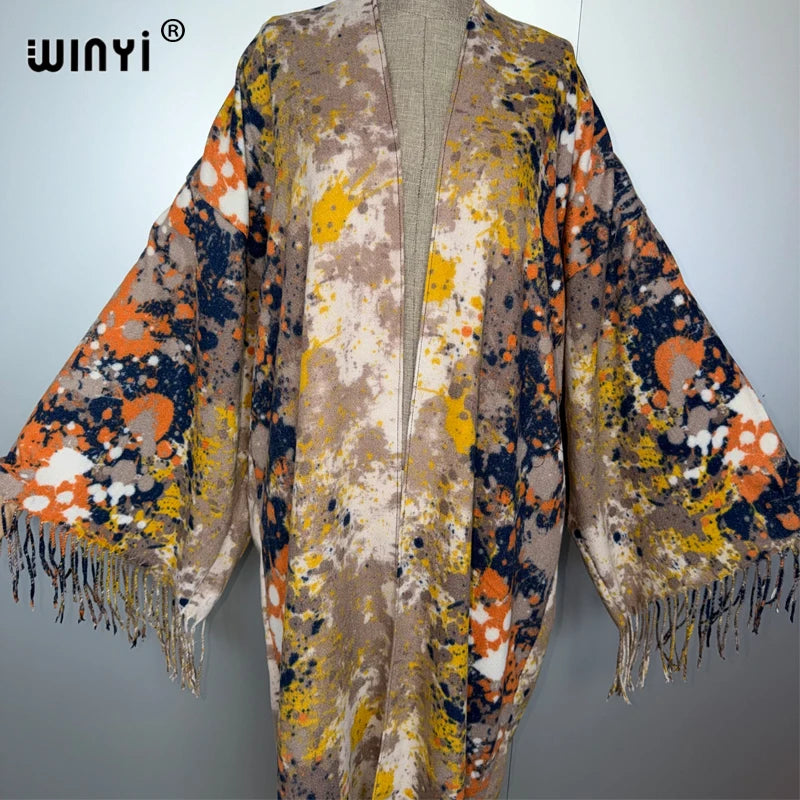 Print Tassel Winter Long Cardigan - African Kimono Overcoat