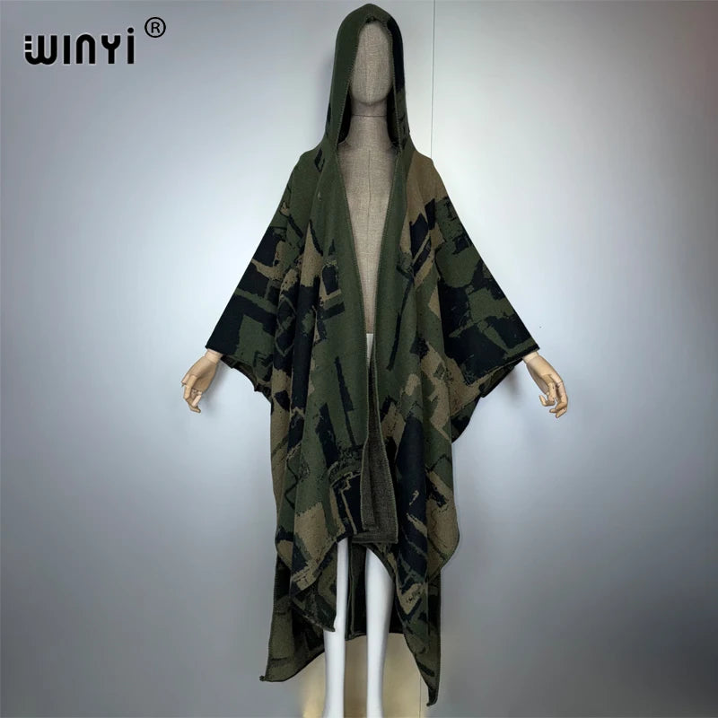 Print Coat Tassels Hooded - Warm Poncho Kaftan Abaya