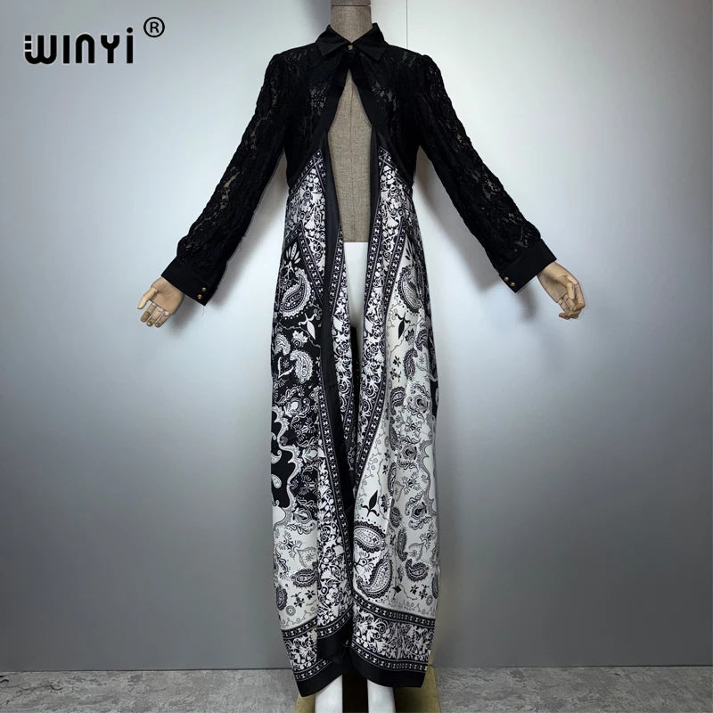 Long Coat Africa Lace Neckline - Street Wear Print Kaftan Abaya