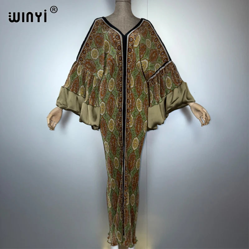 Pleated Elastic Boho Dress - Casual Beach Kaftan Abaya