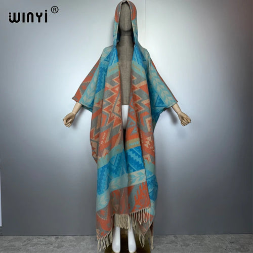 African Boho Hooded Cardigan - Warm Abaya Kimono Poncho