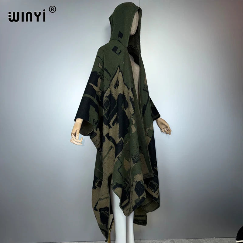 Print Coat Tassels Hooded - Warm Poncho Kaftan Abaya