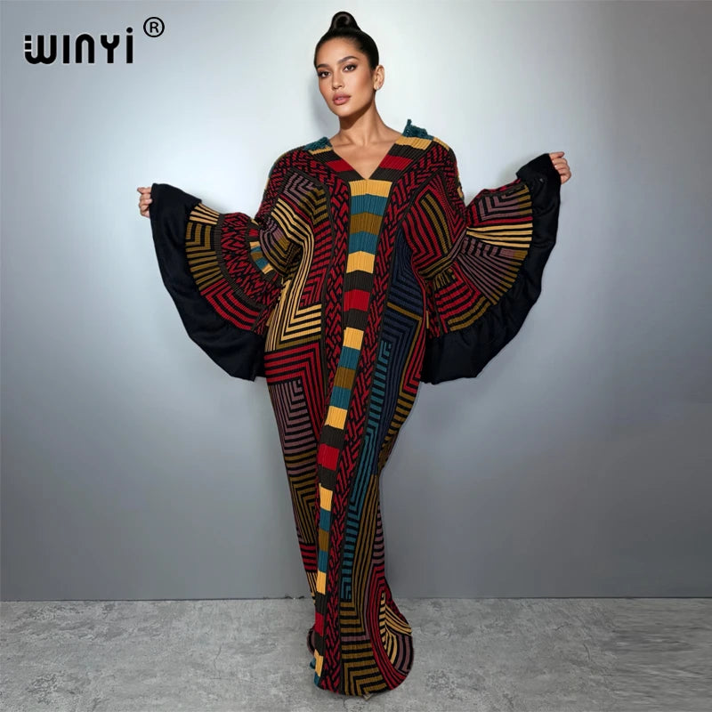 Pleated Elastic Puff Sleeves Dress - Boho Beach Kaftan Abaya