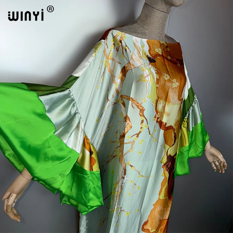 Boho Puff Sleeves Evening Dress - Beach Print Kaftan Abaya
