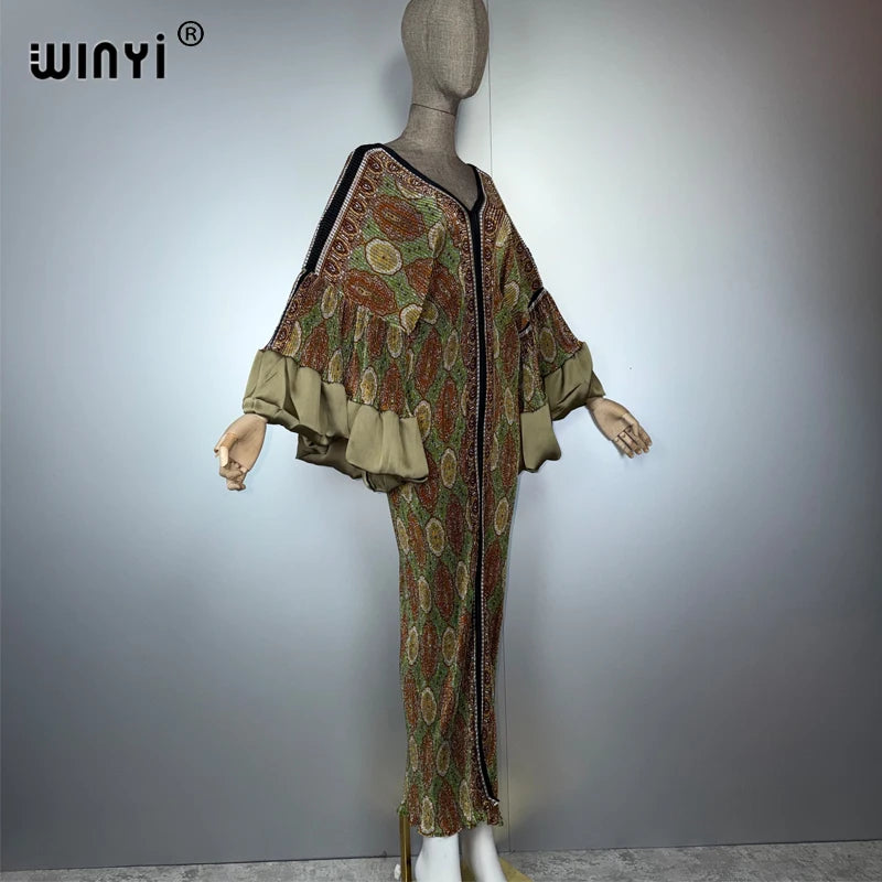 Pleated Elastic Boho Dress - Casual Beach Kaftan Abaya