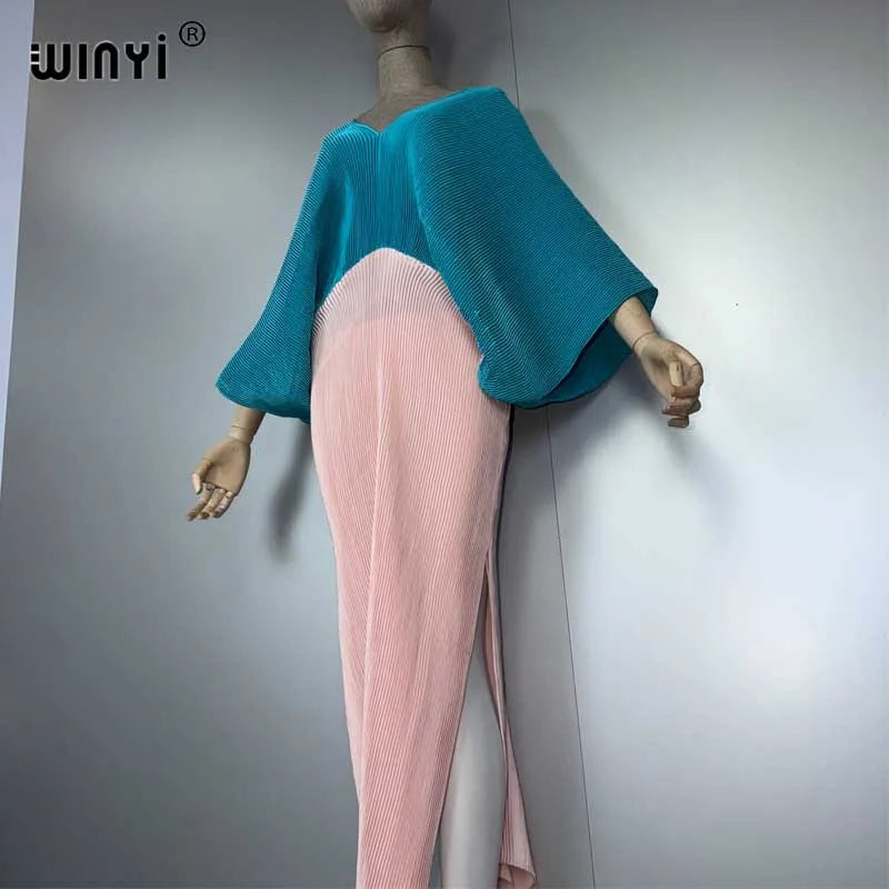 Women Elastic Long Dress - Loose Boho Robe Pleated Kaftan