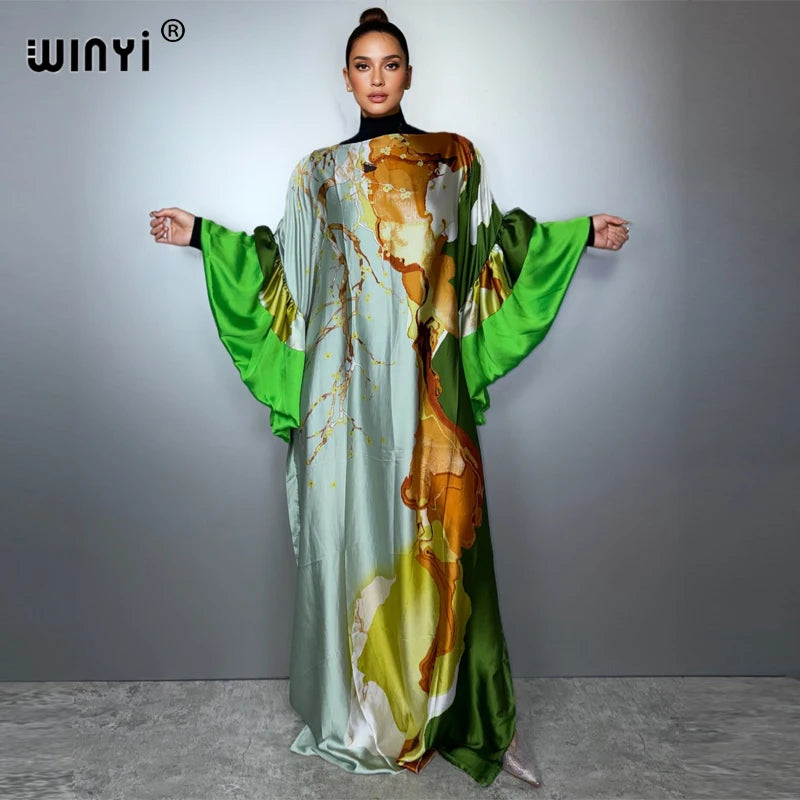 Boho Puff Sleeves Evening Dress - Beach Print Kaftan Abaya