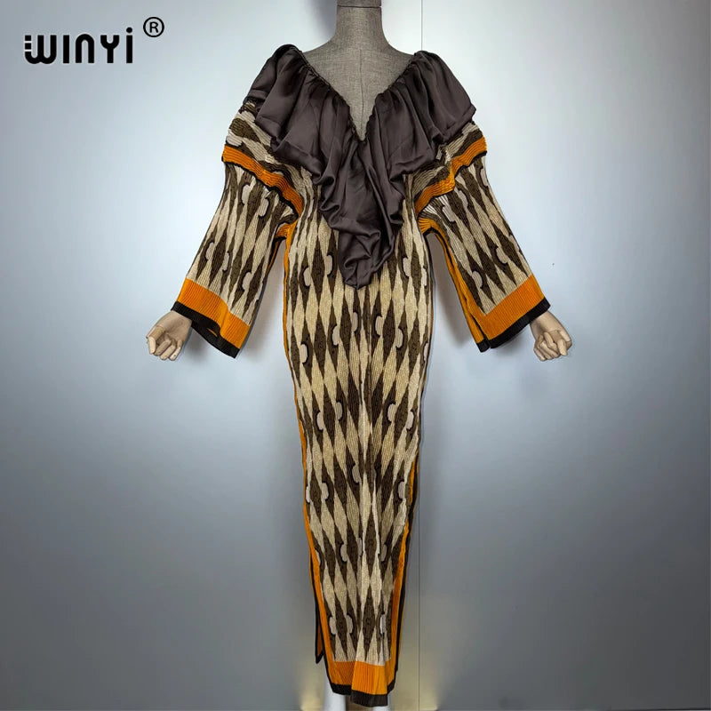 Pleated Elastic Slim Fashion Kaftan - Deep V Party Dress Abaya
